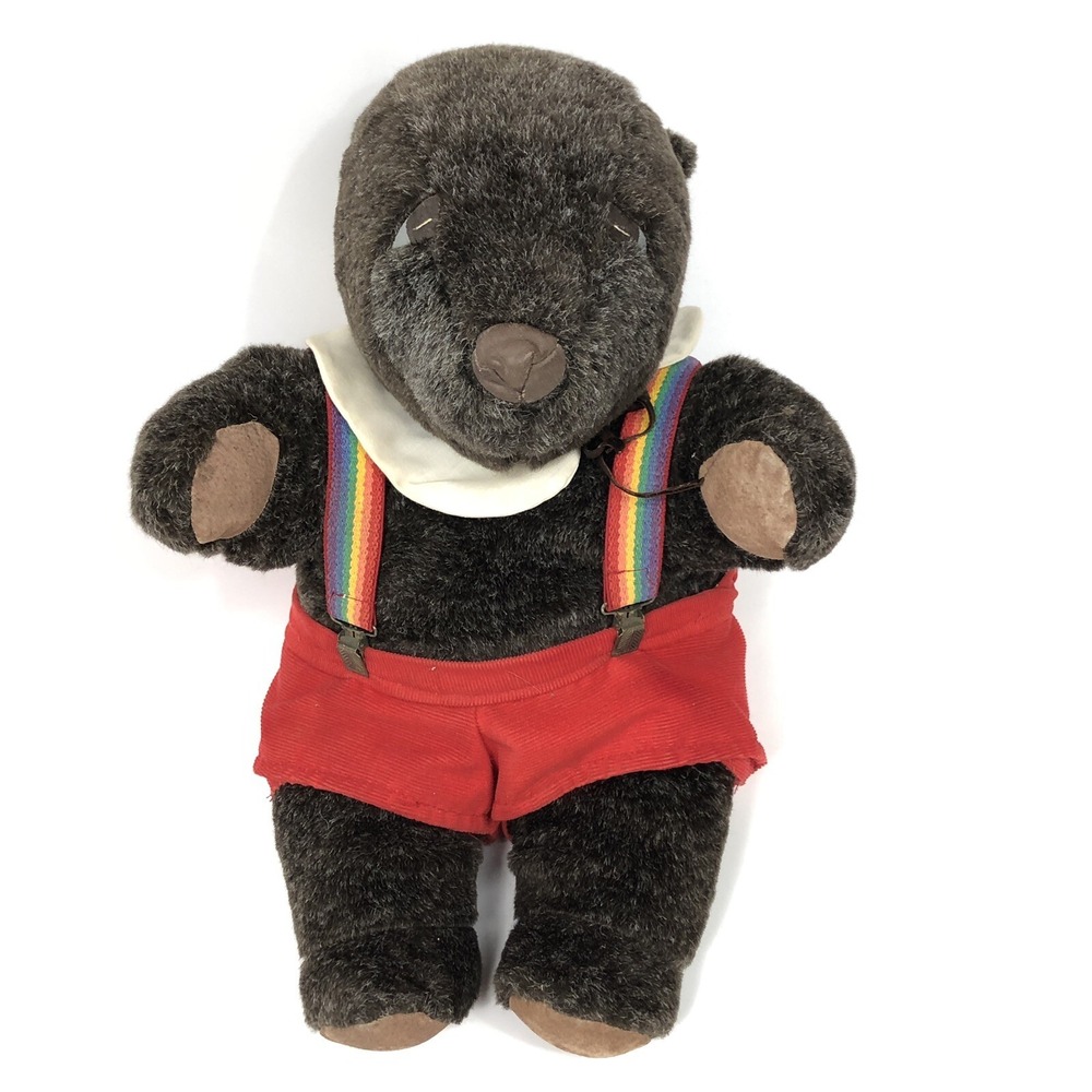Vintage Lamb International Plush Stuffed Bear Brown Suspenders 80s 1984 Heavy
